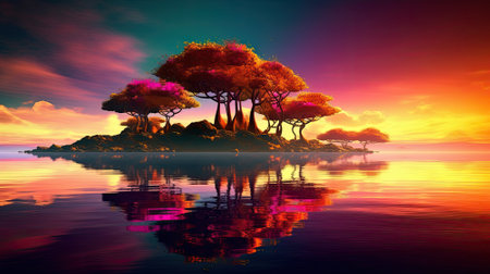 A psychedelic journey through an otherworldly landscape, where nature and cosmos merge in a vivid explosion of color. Surreal mountains rise under a hallucinatory sky, adorned with celestial bodies and ethereal lights, invoking the boundless realms of imagination and the allure of a 'mushroom trip' without boundaries.の素材