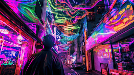 A city street, once familiar, is transformed into an electrifying dreamscape. Neon colors stream across the canvas, painting the night with strokes of vivid light that dance and twist among the city structures. Cars become streaks of luminescence, blurring past as if propelled by the very pulse of the city's heart.の素材