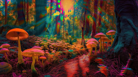 A psychedelic journey through an otherworldly landscape, where nature and cosmos merge in a vivid explosion of color. Surreal mountains rise under a hallucinatory sky, adorned with celestial bodies and ethereal lights, invoking the boundless realms of imagination and the allure of a 'mushroom trip' without boundaries.の素材