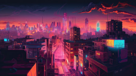 A city street, once familiar, is transformed into an electrifying dreamscape. Neon colors stream across the canvas, painting the night with strokes of vivid light that dance and twist among the city structures. Cars become streaks of luminescence, blurring past as if propelled by the very pulse of the city's heart.の素材