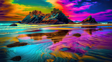 A psychedelic journey through an otherworldly landscape, where nature and cosmos merge in a vivid explosion of color. Surreal mountains rise under a hallucinatory sky, adorned with celestial bodies and ethereal lights, invoking the boundless realms of imagination and the allure of a 'mushroom trip' without boundaries.の素材