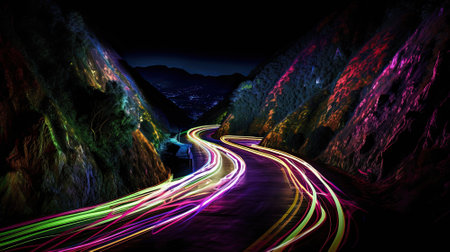 A city street, once familiar, is transformed into an electrifying dreamscape. Neon colors stream across the canvas, painting the night with strokes of vivid light that dance and twist among the city structures. Cars become streaks of luminescence, blurring past as if propelled by the very pulse of the city's heart.の素材