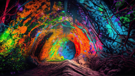 Towering mushrooms dominate the scene, their caps radiating with luminous hues against a backdrop of celestial swirls and cosmic patterns. The ground is a tapestry of iridescent colors, weaving through the terrain like a river of liquid light, leading to a distant city that melds into the natural wonder. This is a place unfettered by the constraints of reality, where the natural and fantastical intertwine in a spectacular dance of chromatic brilliance. It's a vision of nature reimagined, a psychedelic odyssey that beckons with the allure of the unknown, inviting the onlooker to step into a world where imagination blooms as vividly as the flora that fills it.の素材