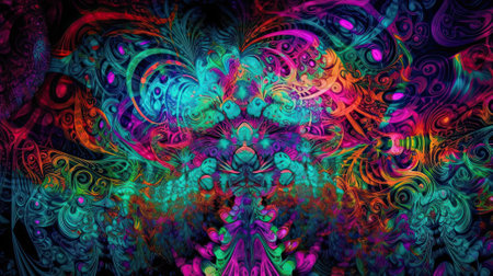 Towering mushrooms dominate the scene, their caps radiating with luminous hues against a backdrop of celestial swirls and cosmic patterns. The ground is a tapestry of iridescent colors, weaving through the terrain like a river of liquid light, leading to a distant city that melds into the natural wonder. This is a place unfettered by the constraints of reality, where the natural and fantastical intertwine in a spectacular dance of chromatic brilliance. It's a vision of nature reimagined, a psychedelic odyssey that beckons with the allure of the unknown, inviting the onlooker to step into a world where imagination blooms as vividly as the flora that fills it.の素材