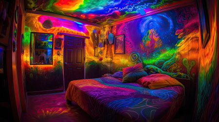 The walls and ceiling come alive with swirls of neon color, creating an immersive environment that challenges the senses. A spectrum of hues bathes every corner, casting a glow that transforms the mundane into the magnificent. The furniture, illuminated under the kaleidoscopic light, appears as if part of a fantastical set, inviting the viewer to lose themselves in this otherworldly space. It's a place where the ordinary is re-envisioned, and the extraordinary becomes the norm. This room isn't just a space; it's a living, breathing work of art that offers an escape from the grayscale of daily life into the euphoria of color.の素材