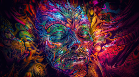 This striking image captures a face intricately painted with a kaleidoscope of vibrant colors, blending abstract art with human expression. It's a celebration of creativity and could be used to illustrate themes of identity, culture, and the transformative power of art.の素材