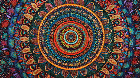 A vibrant and intricate kaleidoscopic art piece with an explosion of colors and patterns. It evokes a psychedelic and surreal atmosphere, suitable for modern artistic backdrops, creative designs, or visually stimulating wallpapers.の素材