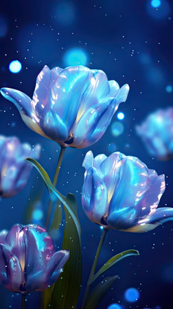 Three Blue Tulips With Water Dropletsの素材