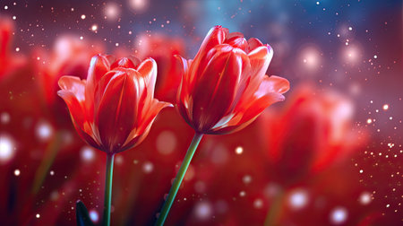 A Bunch of Red Tulips in a Fieldの素材