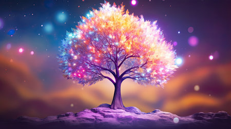 Colorful Tree Painting on Hilltopの素材