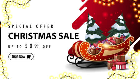 Special offer, Christmas sale, up to 50 off, red and white discount web banner with liquid abstract shape on background, garland frame and Santa Sleigh with pile of presentsのイラスト素材