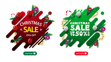 Set of Christmas discounts web pop-up banners with abstract fluid shapes decorated with Christmas tree branches, candy and garland. Red and green Christmas pop-upsのイラスト素材