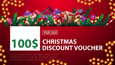 Red Christmas Voucher on 100 with large pile of presents, garland frame, Christmas tree branches, candy and garlandsのイラスト素材