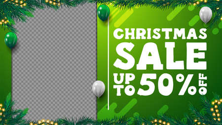 Green Christmas discount blank template for your creativity with frame of Christmas tree branches, garland, copy space and flying balloonsのイラスト素材