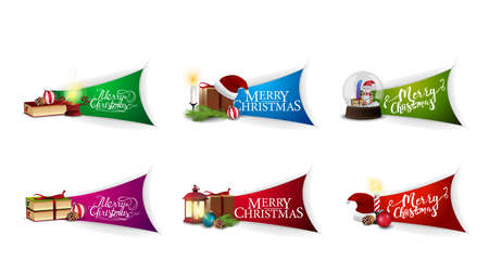 Large collection of Christmas greeting stickers with beautiful letterings and Christmas icons. Greeting Christmas stickers isolated on whiteのイラスト素材