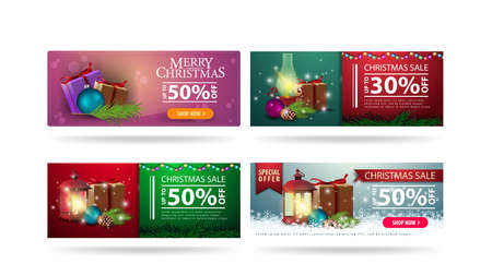 Christmas sale, set of horizontal Christmas discount banners with Christmas elements isolated on white backgroundのイラスト素材