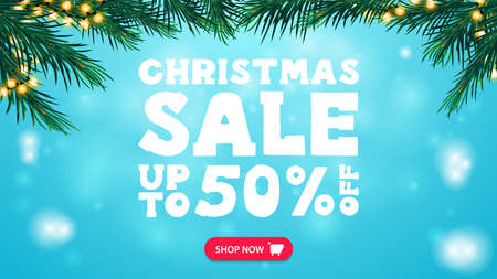 Christmas sale, up to 50 off, blue discount banner with frame of Christmas tree branches decorated with garland, button and large white offerのイラスト素材