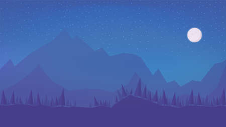 Night winter cartoon landscape with starry sky, full moon, forest of pines and mountains on horizonのイラスト素材
