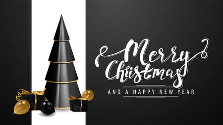 Merry Christmas and a Happy New Year, white and black postcard with volumetric geometrical Christmas tree with presents in black and gold colorsのイラスト素材
