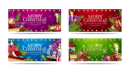 Large set of Christmas horizontal greeting banners decorated with pile of Christmas presentsのイラスト素材