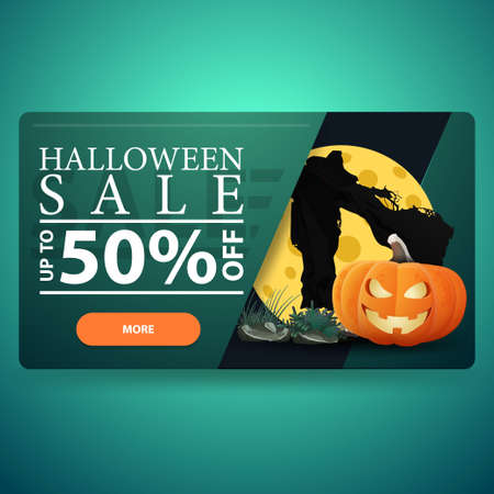 Halloween sale, modern green discount banner with Scarecrow and pumpkin Jack against the moonのイラスト素材