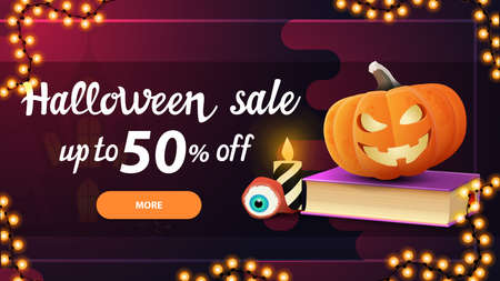Halloween sale, -50 off, pink horizontal discount banner with button, spell book and pumpkin Jackのイラスト素材