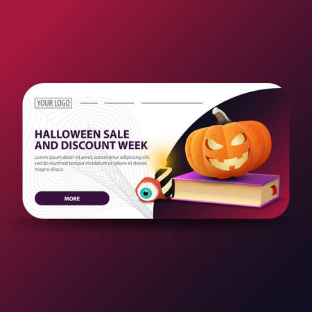 Halloween sale, and discount week, modern web banner with spell book and pumpkin Jackのイラスト素材