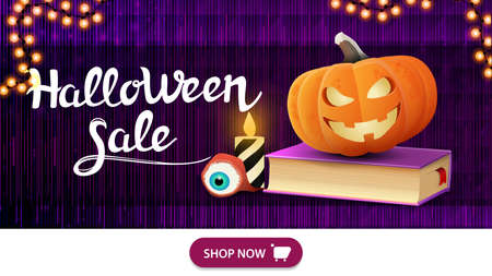 Horizontal discount banner for Halloween with button, neon background, spell book and pumpkin Jackのイラスト素材