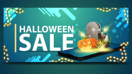Halloween sale, modern blue banner for web site with the smartphone from which it is projected tombstone and pumpkin Jackのイラスト素材