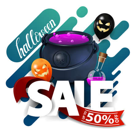 Halloween sale, discount web banner with witch's cauldron with potion. Abstract splash, liquid shape, water wave.のイラスト素材