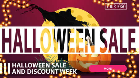 Halloween sale and discount week, horizontal pink creative discount banner with button, Scarecrow and pumpkin Jack against the moonのイラスト素材