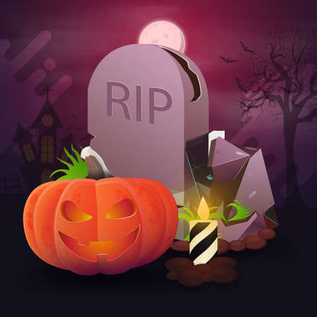 Halloween postcard. Tombstone and pumpkin Jack against the pink landscape with full moonのイラスト素材