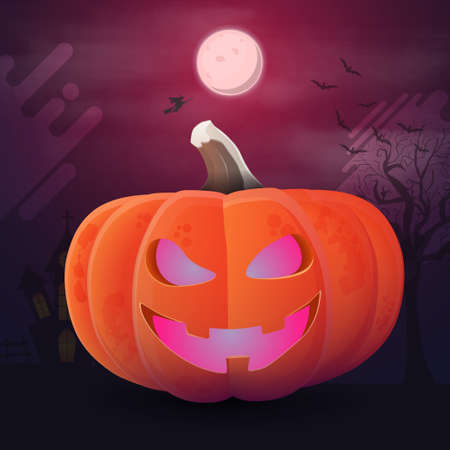 Halloween postcard. Pumpkin Jack with pink eyes against the pink landscape with full moonのイラスト素材