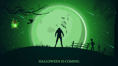 Halloween is coming, beautiful horizontal greeting postcard with green halloween landscape, werewolf, big full moon and zombieのイラスト素材