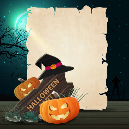 Halloween template in form of paper sheet for your design with wooden sign, witch hat and pumpkin Jackのイラスト素材