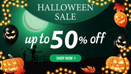 Halloween sale, green horizontal discount banner with halloween green landscape on background, halloween balloons, garland and pumpkins. Discount banner with up to 50 offのイラスト素材