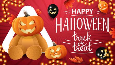 Happy Halloween, trick or treat, horizontal red greeting postcard with halloween balloons, pumpkin, garland, autumn leafs and Teddy bear with Jack pumpkin headのイラスト素材