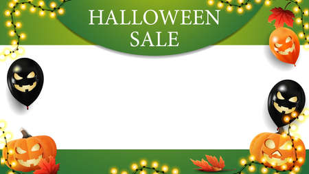 Halloween sale, green horizontal template for your arts with copy space. halloween balloons, garland and pumpkinsのイラスト素材