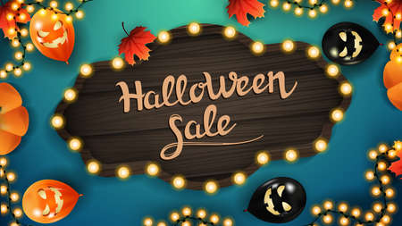 Halloween sale. discount web banner with vintage wooden board, Halloween balloons, garland and autumn leaves on blue background.のイラスト素材