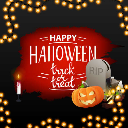 Happy Halloween, trick or treat, square black greeting postcard with creative lettering, a hole in paper, tombstone and pumpkin Jack.のイラスト素材