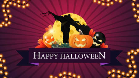 Happy Halloween, creative greeting postcard in the form of ribbon with Halloween ballons, Scarecrow and pumpkin Jack against the moonのイラスト素材