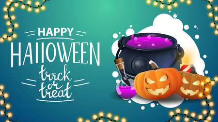 Happy Halloween, trick or treat, horizontal blue greeting postcard with halloween garland, witch's cauldron and pumpkin Jackのイラスト素材