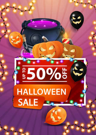 Halloween sale, red discount banner with garland, Halloween balloons, witch's cauldron and pumpkin Jackのイラスト素材