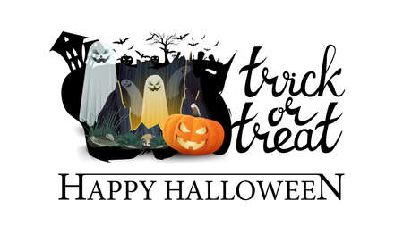 Happy Halloween, trick or treat, banner for your creativity isolated on white background. Logo with silhouette of a cemetery and portal with ghosts and pumpkin Jackのイラスト素材