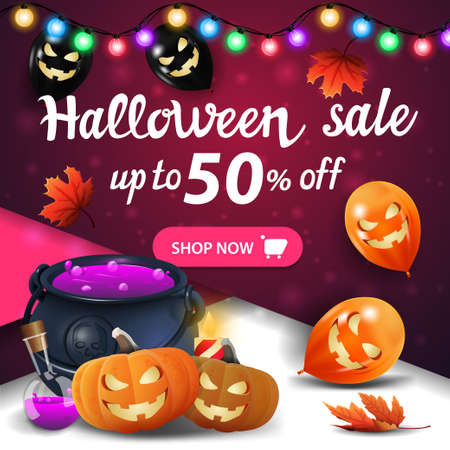 Halloween sale, pink square discount banner with garland, Halloween balloons, witch's cauldron and pumpkin Jack. Square discount template for your artsのイラスト素材