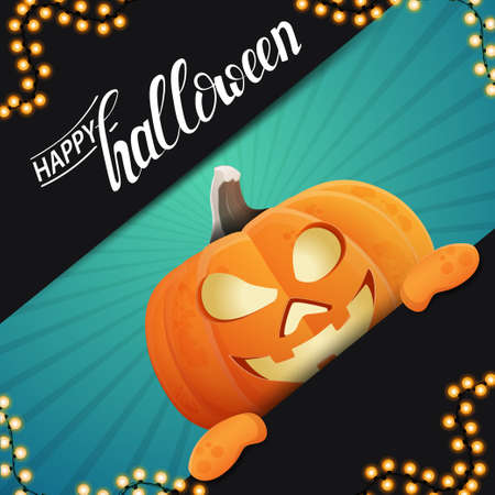 Happy Halloween, square template for your creativity with fun pumpkin Jack peeking out from behind the wallのイラスト素材