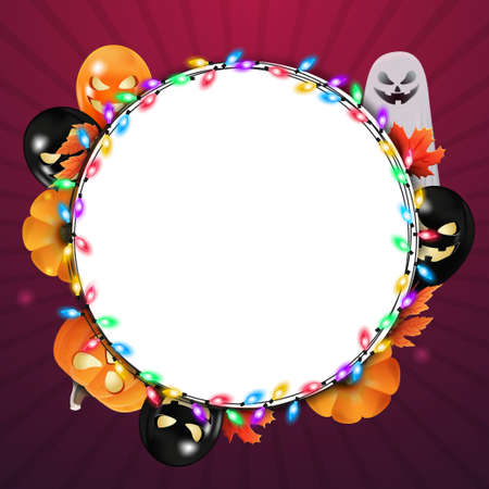 Halloween circle template decorated with Halloween balloons, garland, pumpkins, ghost and autumn leafsのイラスト素材