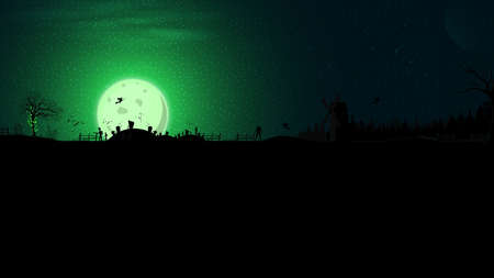 Halloween background, full green moon, dark forest, cemetery, zombie, witches, werewolves, ghosts and an old abandoned mill. Halloween background for your artsのイラスト素材