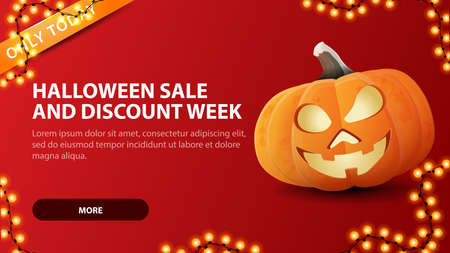 Halloween sale and discount week, red horizontal discount web banner with fun pumpkin Jack.のイラスト素材