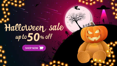 Halloween sale, up to 50 off, horizontal discount web banner with Teddy bear with Jack pumpkin head. Full moon with starry sky and silhouette of the planet at Halloween nightのイラスト素材
